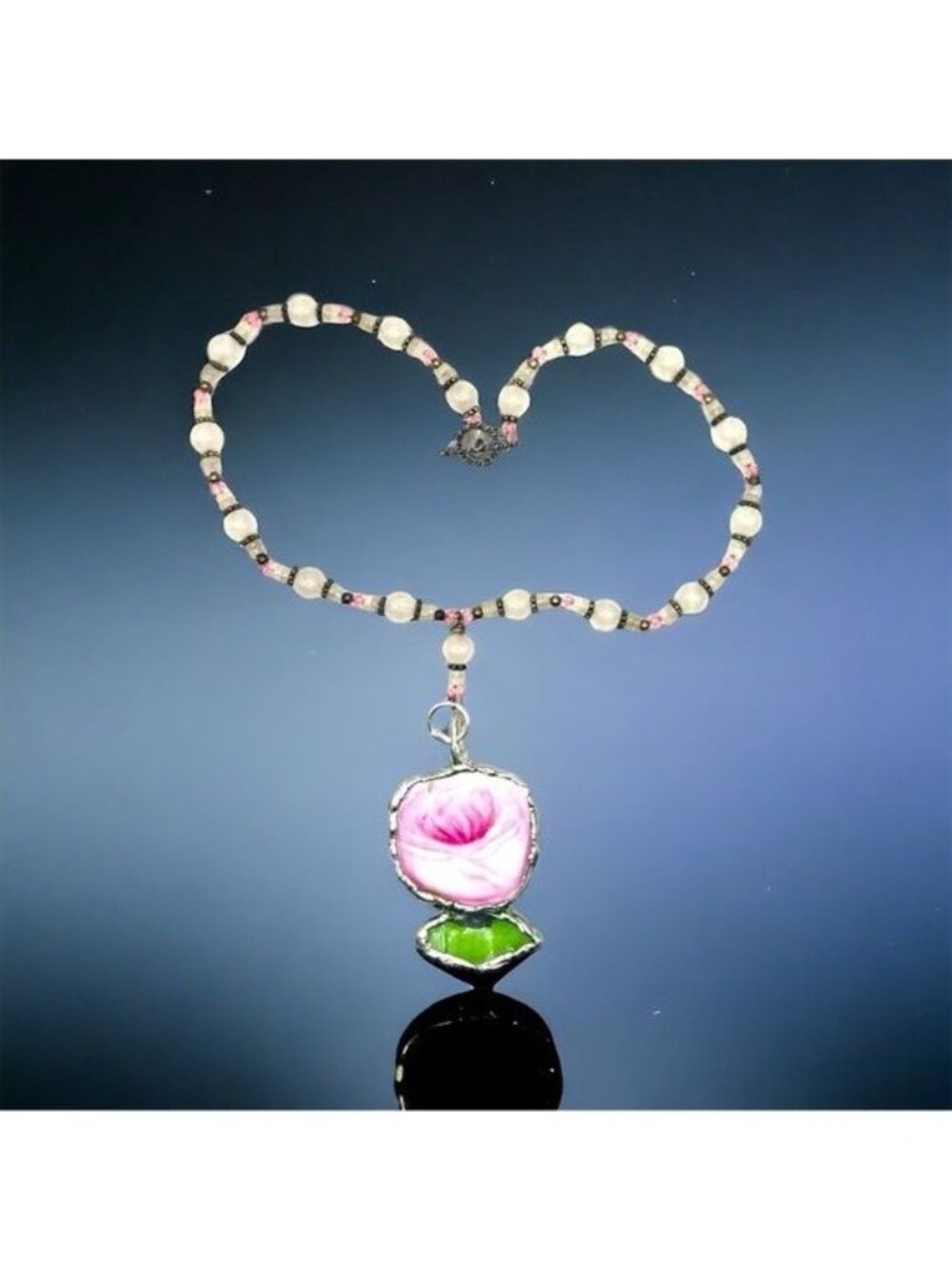 Pink Rose Broken China & Sea Glass Pendant | Pink Quartz Necklace | Alma Antigua
